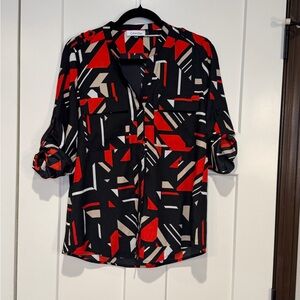 Calvin Klein Red Black Geometric Abstract Print Roll Tab Blouse